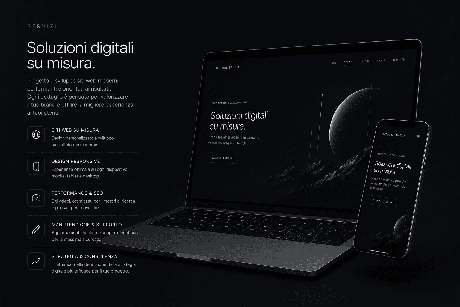 Dark laptop and smartphone mockup showing a tailored digital services interface
